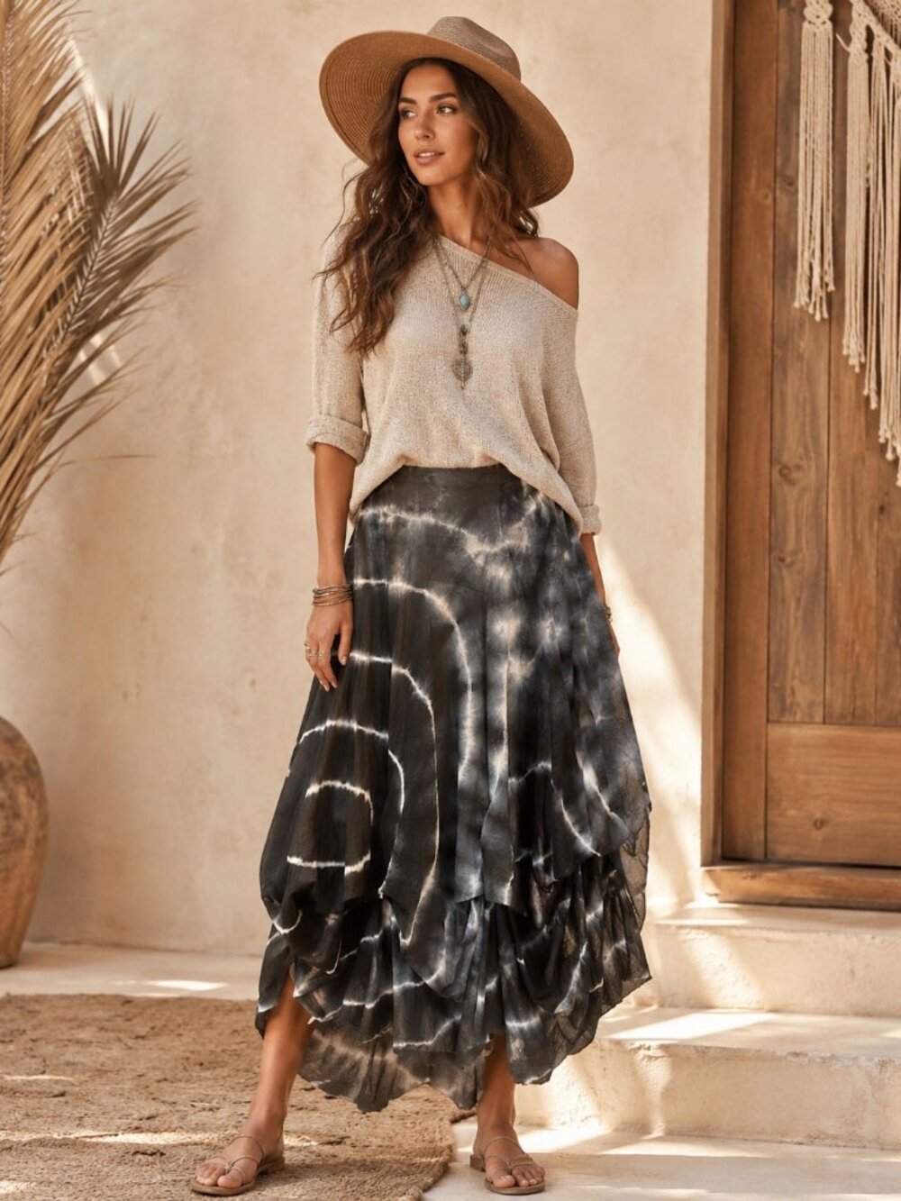 Black White Tie Dye Boho Gypsy Hippie Summer Colorblock Beach Long Maxi Skirt